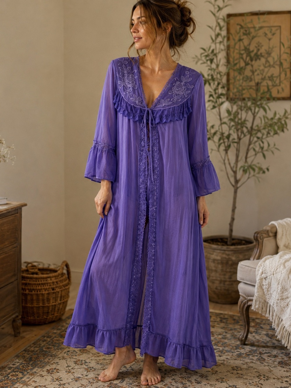 Vintage Purple Cotton Lace Hostess Robe Peignoir Maxi